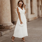 Women's V-Neck Maxi Dress with Ruffle Shoulder Detail and Pleated Skirt and Tie Waist Belt