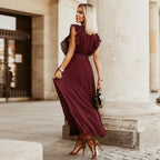 Women's V-Neck Maxi Dress with Ruffle Shoulder Detail and Pleated Skirt and Tie Waist Belt