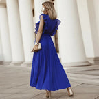 Women's V-Neck Maxi Dress with Ruffle Shoulder Detail and Pleated Skirt and Tie Waist Belt