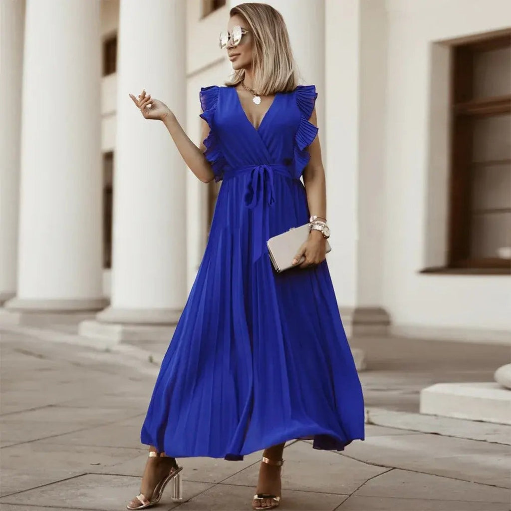 Women's V-Neck Maxi Dress with Ruffle Shoulder Detail and Pleated Skirt and Tie Waist Belt