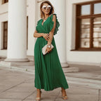 Women's V-Neck Maxi Dress with Ruffle Shoulder Detail and Pleated Skirt and Tie Waist Belt