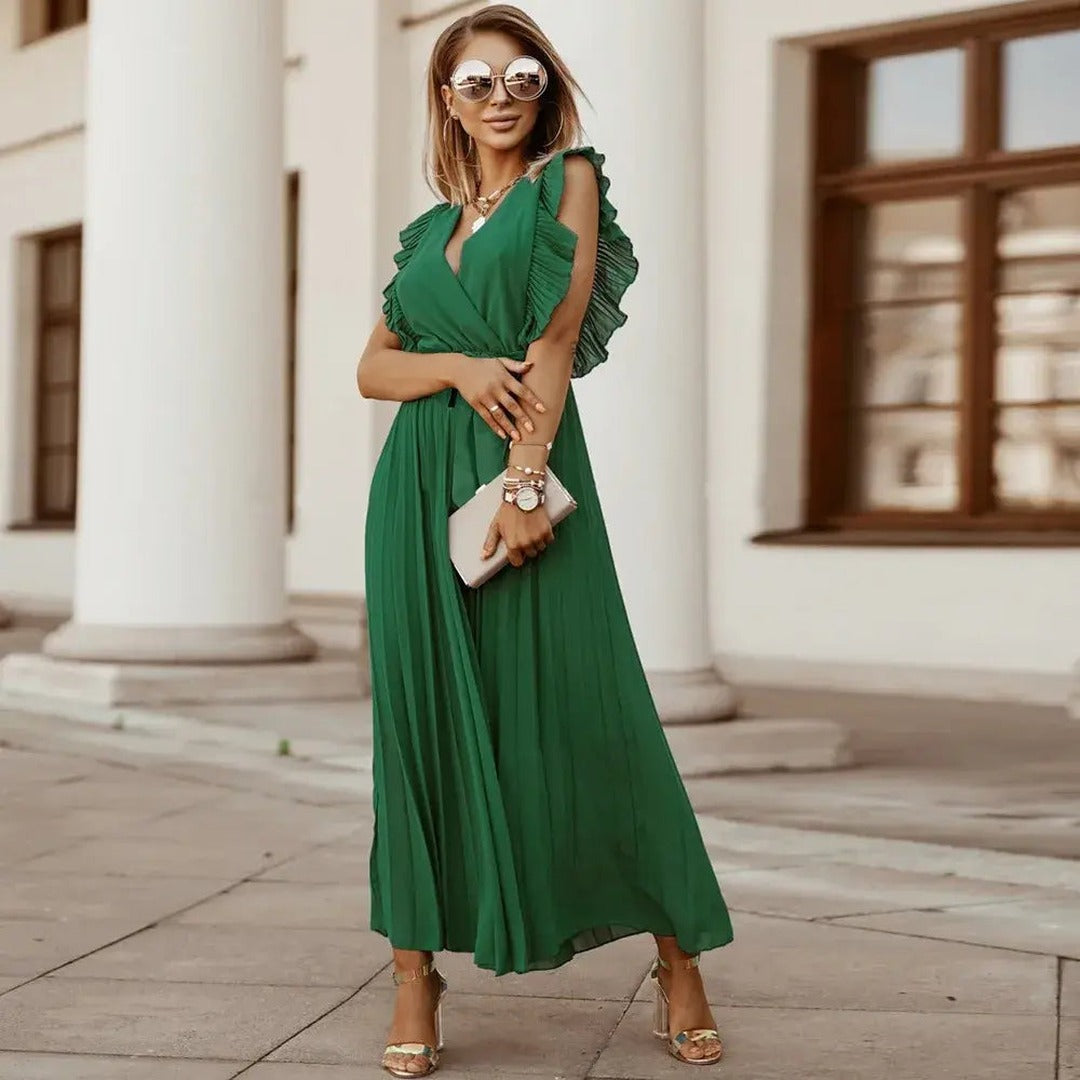 Women's V-Neck Maxi Dress with Ruffle Shoulder Detail and Pleated Skirt and Tie Waist Belt