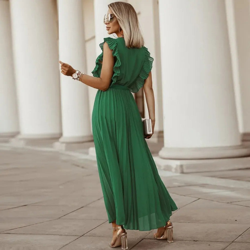 Women's V-Neck Maxi Dress with Ruffle Shoulder Detail and Pleated Skirt and Tie Waist Belt