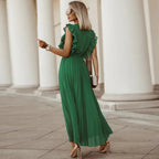 Women's V-Neck Maxi Dress with Ruffle Shoulder Detail and Pleated Skirt and Tie Waist Belt