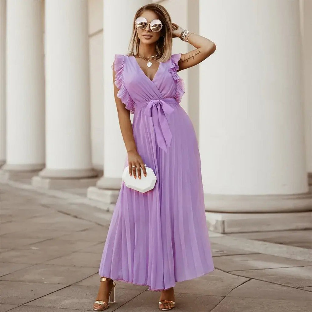Women's V-Neck Maxi Dress with Ruffle Shoulder Detail and Pleated Skirt and Tie Waist Belt