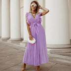 Women's V-Neck Maxi Dress with Ruffle Shoulder Detail and Pleated Skirt and Tie Waist Belt