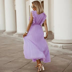 Women's V-Neck Maxi Dress with Ruffle Shoulder Detail and Pleated Skirt and Tie Waist Belt