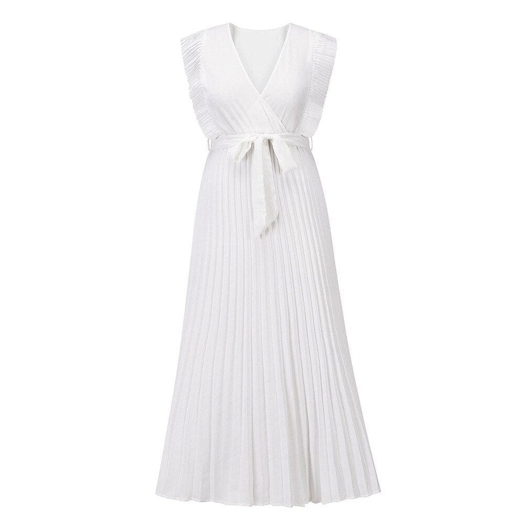 Women's V-Neck Maxi Dress with Ruffle Shoulder Detail and Pleated Skirt and Tie Waist Belt