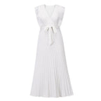 Women's V-Neck Maxi Dress with Ruffle Shoulder Detail and Pleated Skirt and Tie Waist Belt