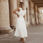 Women's V-Neck Maxi Dress with Ruffle Shoulder Detail and Pleated Skirt and Tie Waist Belt