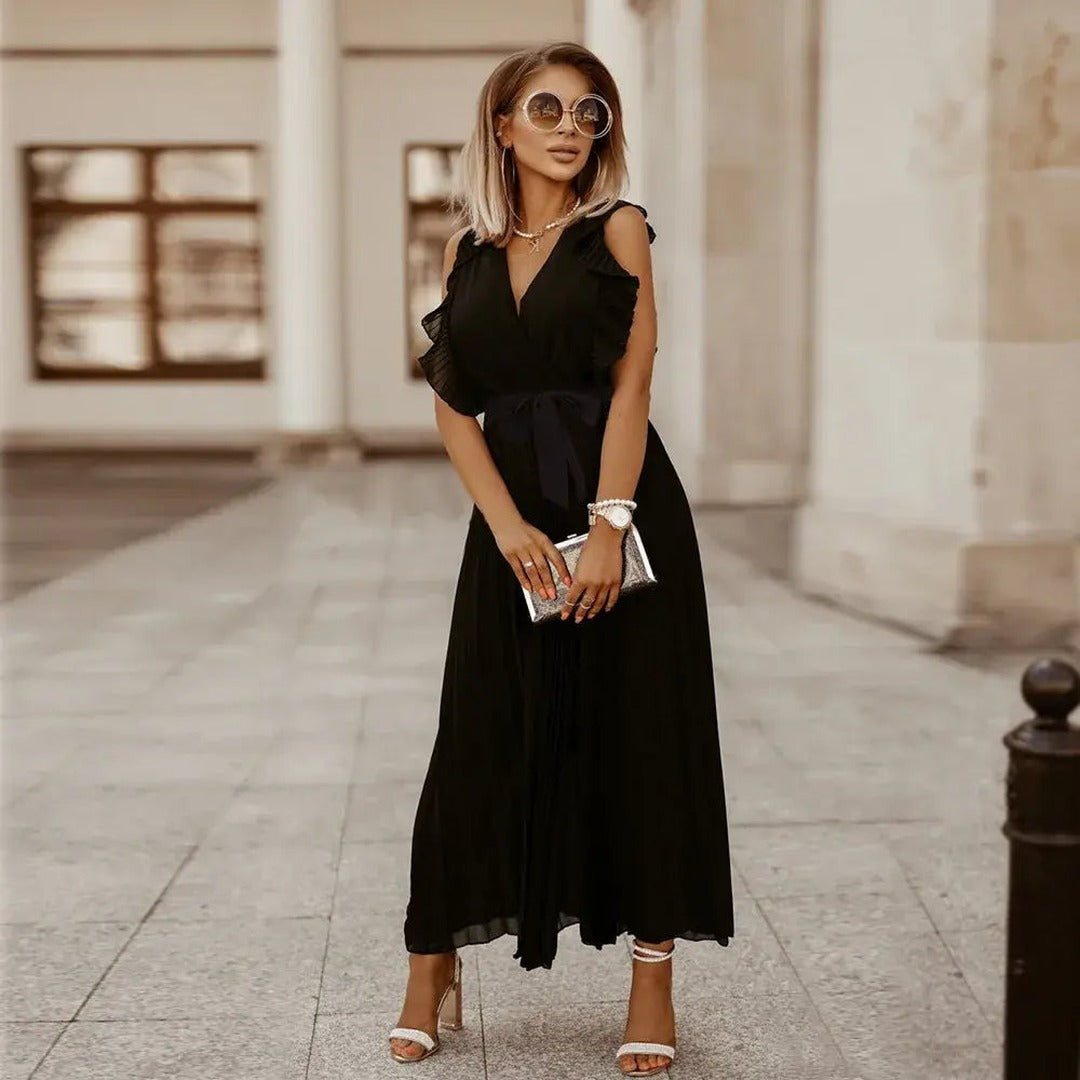 Women's V-Neck Maxi Dress with Ruffle Shoulder Detail and Pleated Skirt and Tie Waist Belt