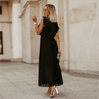 Women's V-Neck Maxi Dress with Ruffle Shoulder Detail and Pleated Skirt and Tie Waist Belt