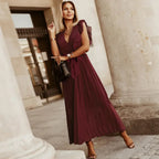 Women's V-Neck Maxi Dress with Ruffle Shoulder Detail and Pleated Skirt and Tie Waist Belt