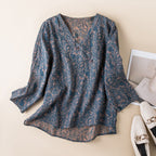 Women's V-Neck Printed Blouse with Wrap-Front Button Detail and Long Sleeves