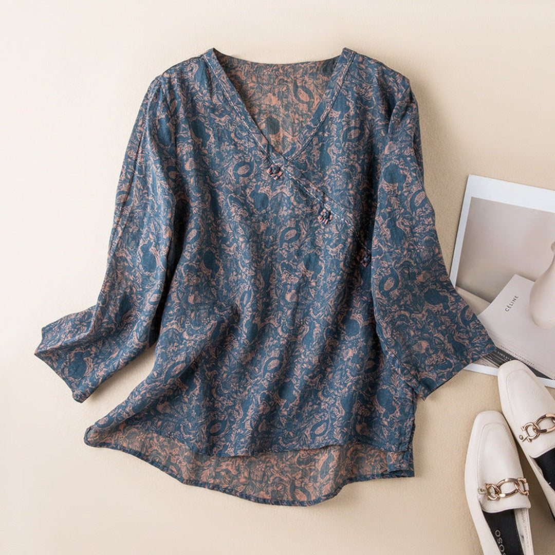 Women's V-Neck Printed Blouse with Wrap-Front Button Detail and Long Sleeves
