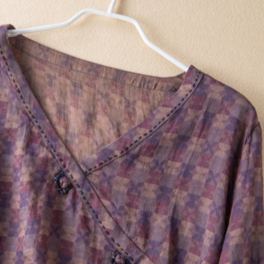 Women's V-Neck Printed Blouse with Wrap-Front Button Detail and Long Sleeves