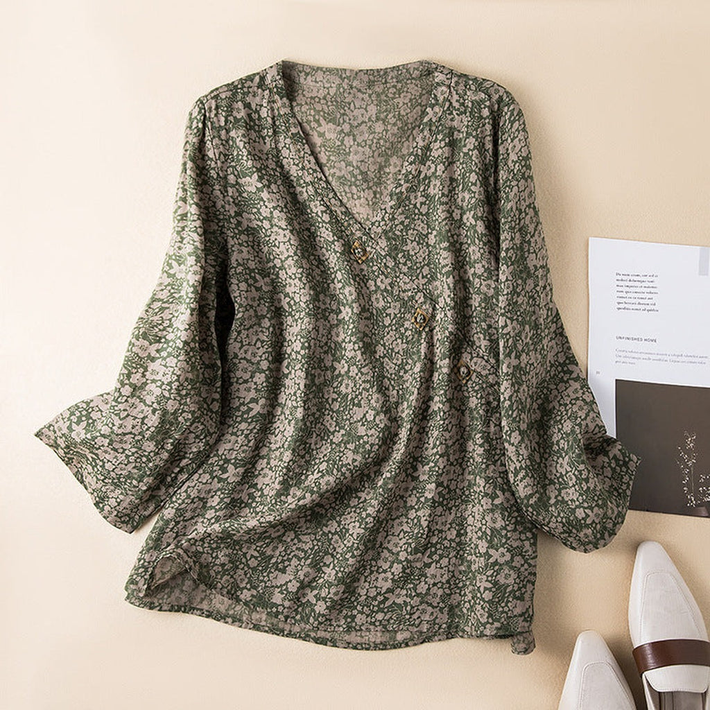 Women's V-Neck Printed Blouse with Wrap-Front Button Detail and Long Sleeves