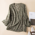 Women's V-Neck Printed Blouse with Wrap-Front Button Detail and Long Sleeves