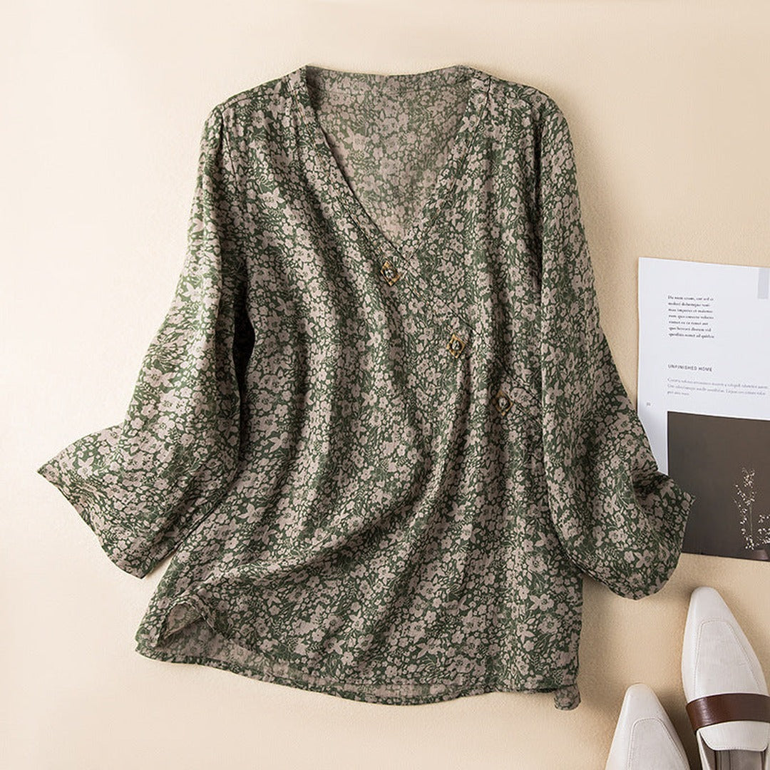 Women's V-Neck Printed Blouse with Wrap-Front Button Detail and Long Sleeves