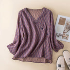 Women's V-Neck Printed Blouse with Wrap-Front Button Detail and Long Sleeves