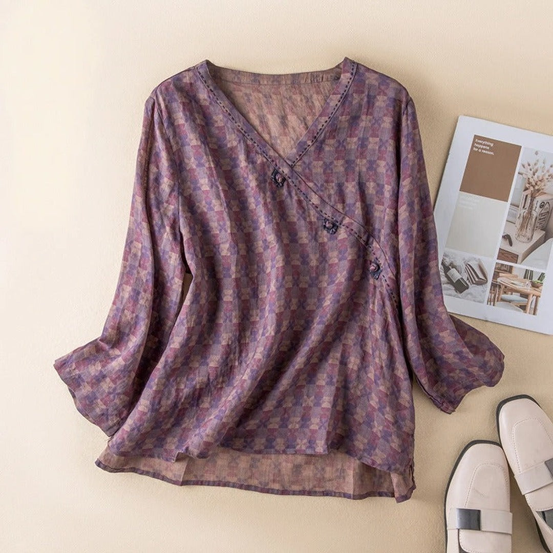 Women's V-Neck Printed Blouse with Wrap-Front Button Detail and Long Sleeves