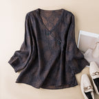 Women's V-Neck Printed Blouse with Wrap-Front Button Detail and Long Sleeves