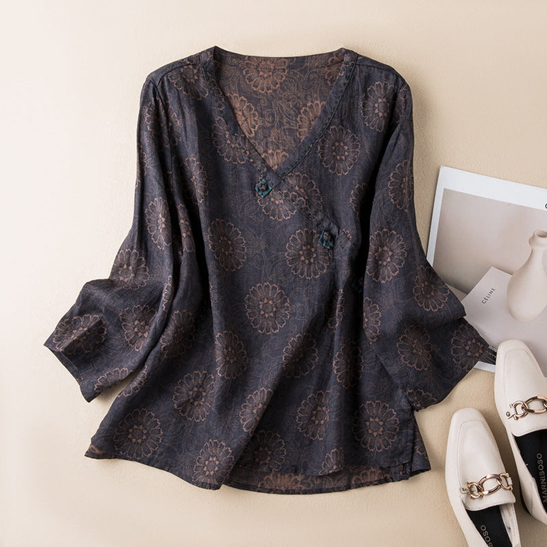 Women's V-Neck Printed Blouse with Wrap-Front Button Detail and Long Sleeves