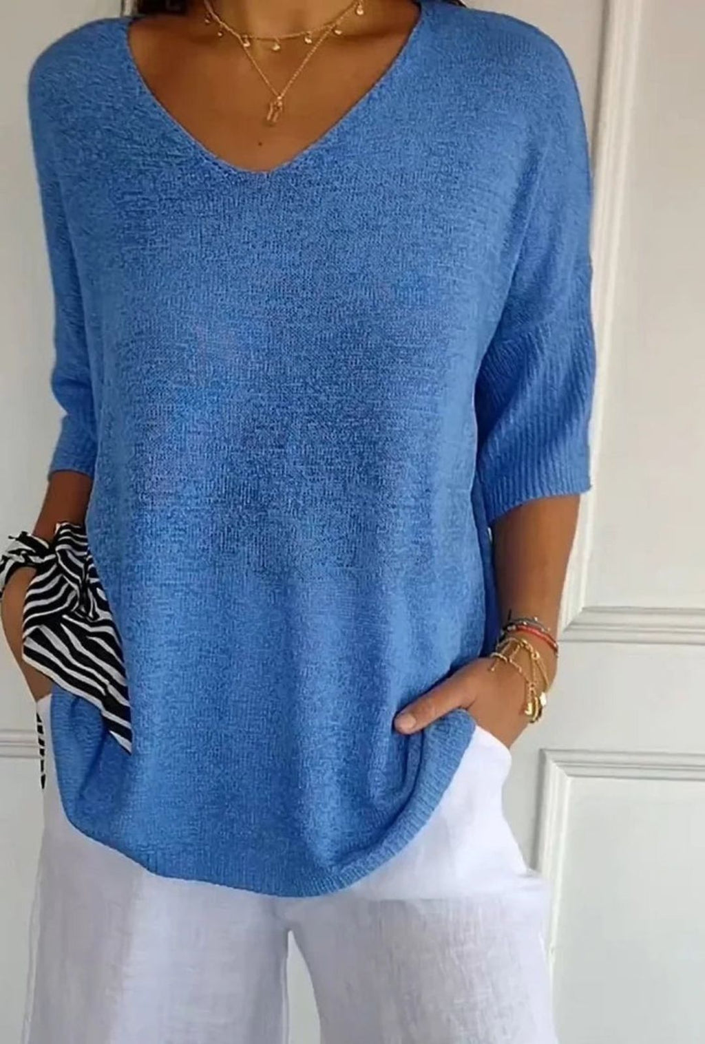 Women's V-Neck Top with Three-Quarter Sleeves and Ribbed-Texture Cuffs