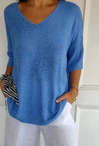 Women's V-Neck Top with Three-Quarter Sleeves and Ribbed-Texture Cuffs