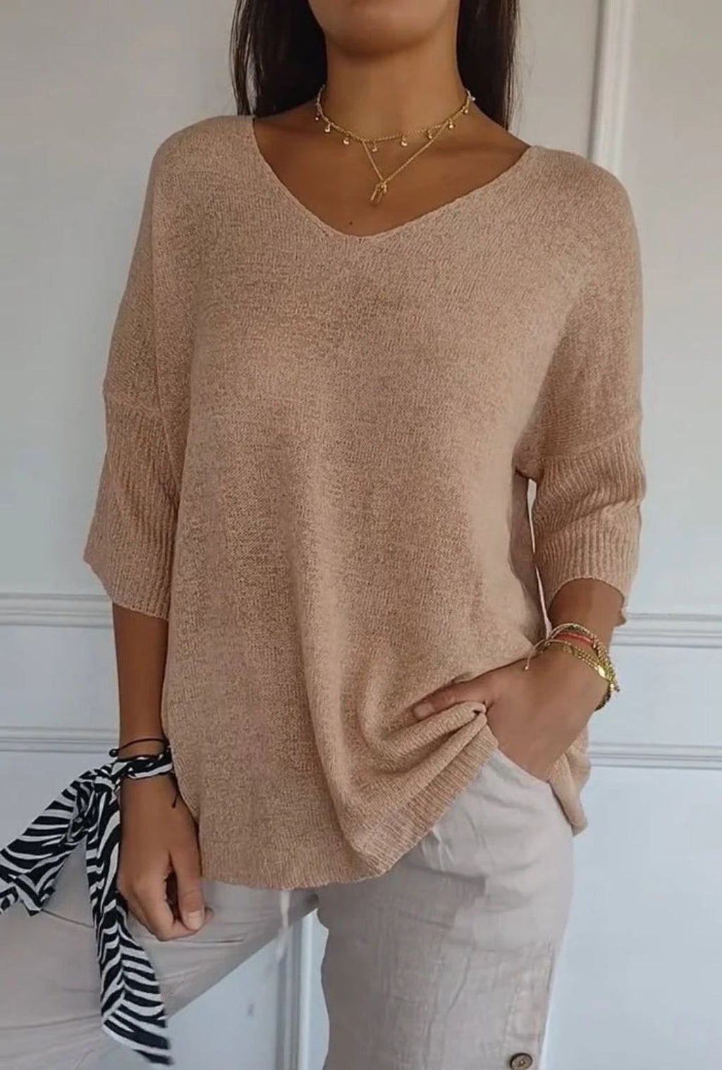 Women's V-Neck Top with Three-Quarter Sleeves and Ribbed-Texture Cuffs