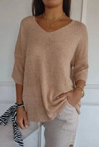 Women's V-Neck Top with Three-Quarter Sleeves and Ribbed-Texture Cuffs