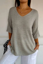 Women's V-Neck Top with Three-Quarter Sleeves and Ribbed-Texture Cuffs