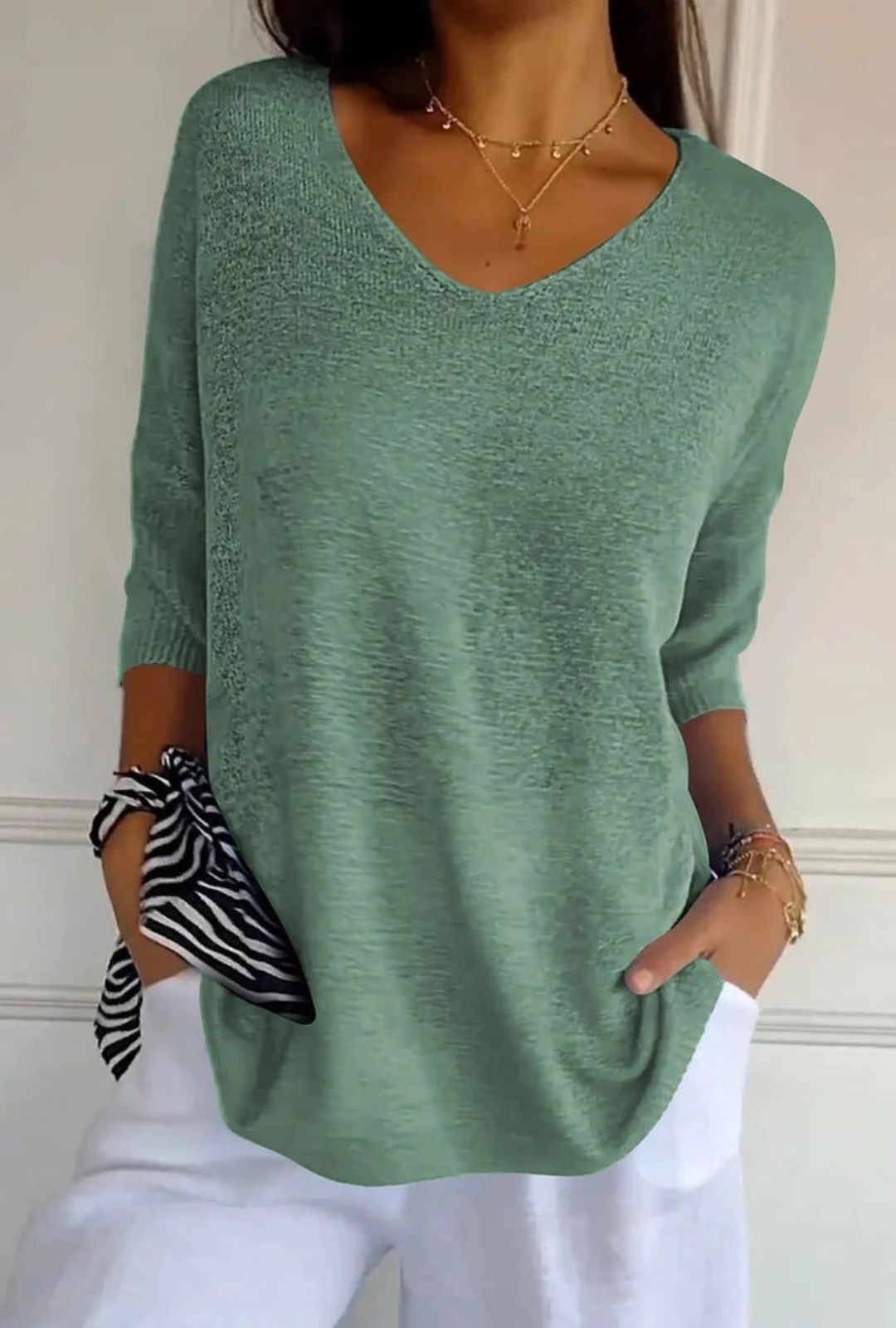 Women's V-Neck Top with Three-Quarter Sleeves and Ribbed-Texture Cuffs