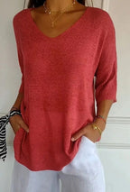 Women's V-Neck Top with Three-Quarter Sleeves and Ribbed-Texture Cuffs