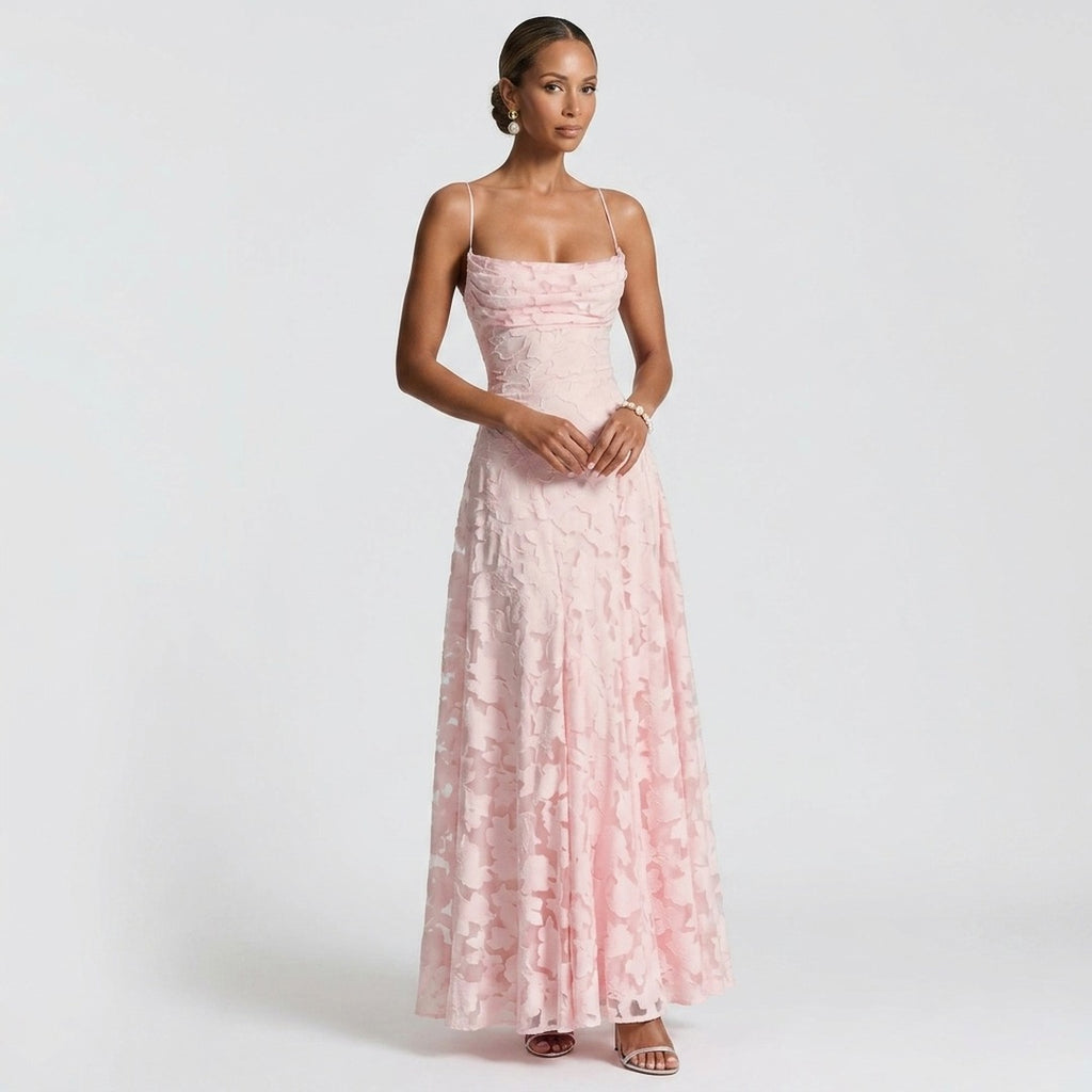 Women's Wedding Guest Backless Maxi Dress with Lace-Up Back