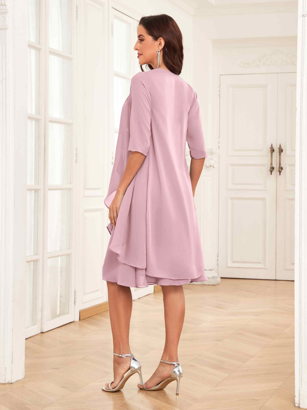 Women's Wedding Guest Elegant Midi Dress with 3/4 Sleeves