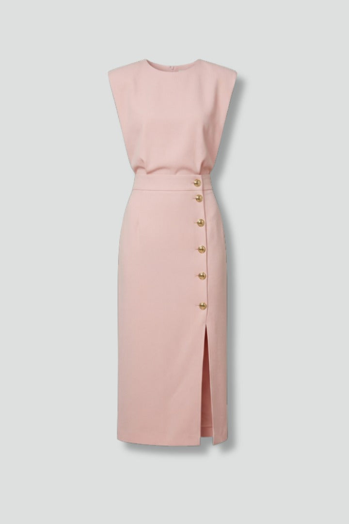 Women's Wedding Guest Elegant Midi Dress with Gold Button Front