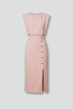 Women's Wedding Guest Elegant Midi Dress with Gold Button Front