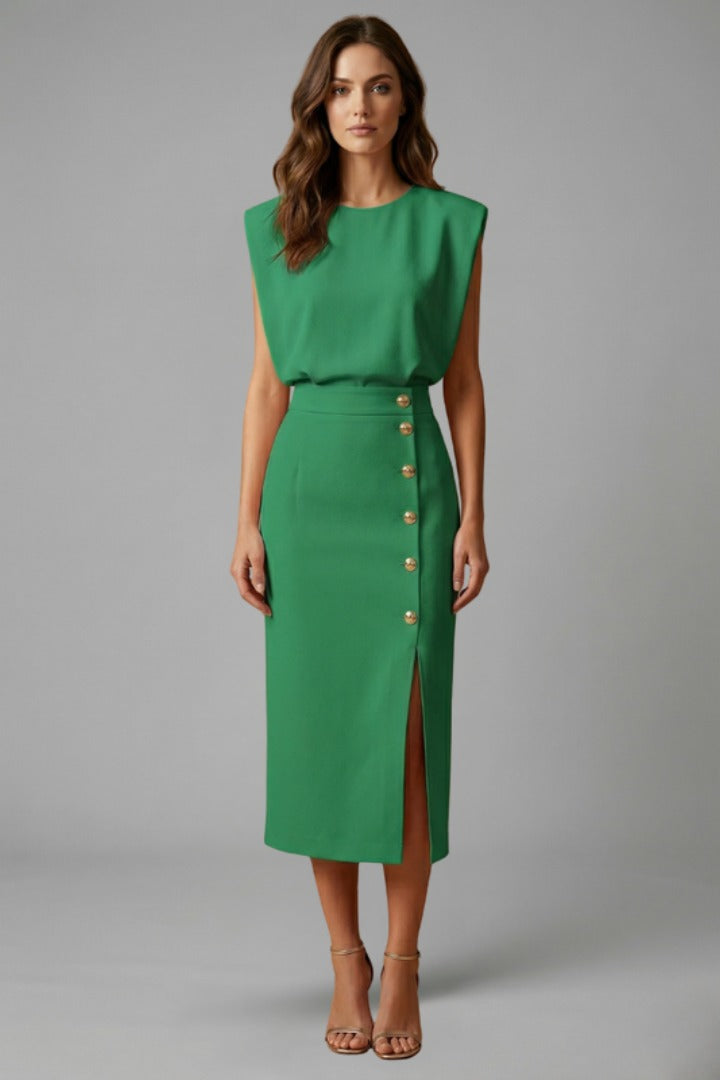 Women's Wedding Guest Elegant Midi Dress with Gold Button Front