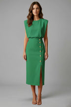 Women's Wedding Guest Elegant Midi Dress with Gold Button Front