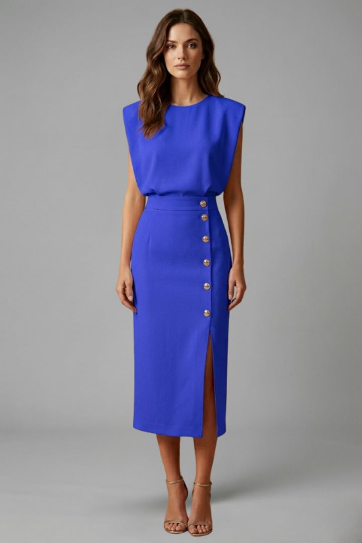Women's Wedding Guest Elegant Midi Dress with Gold Button Front