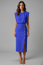 Women's Wedding Guest Elegant Midi Dress with Gold Button Front