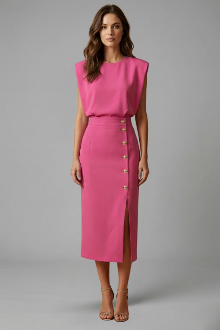 Women's Wedding Guest Elegant Midi Dress with Gold Button Front
