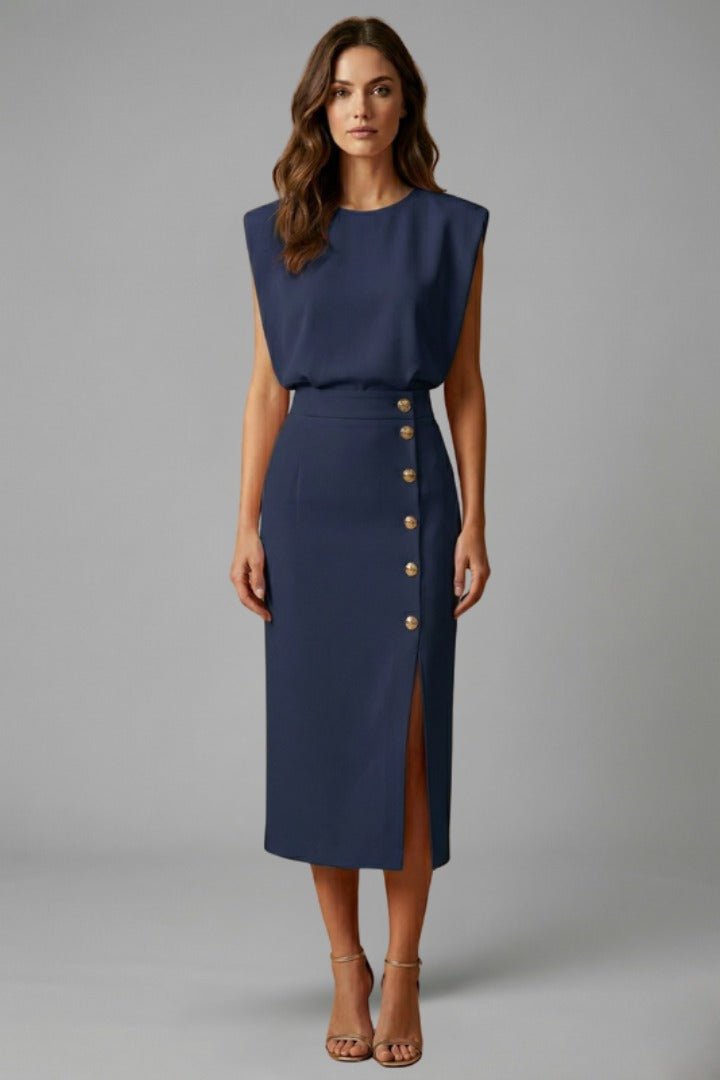 Women's Wedding Guest Elegant Midi Dress with Gold Button Front