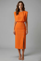 Women's Wedding Guest Elegant Midi Dress with Gold Button Front