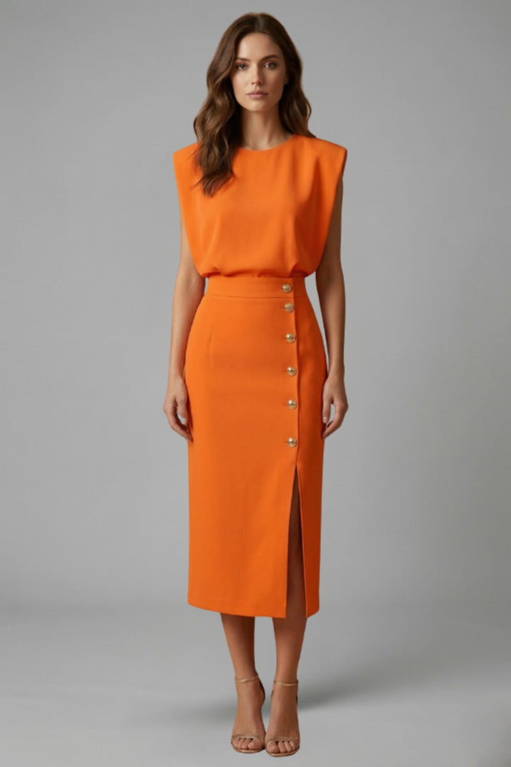 Women's Wedding Guest Elegant Midi Dress with Gold Button Front