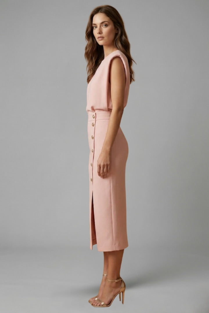 Women's Wedding Guest Elegant Midi Dress with Gold Button Front