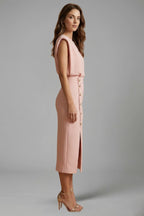 Women's Wedding Guest Elegant Midi Dress with Gold Button Front