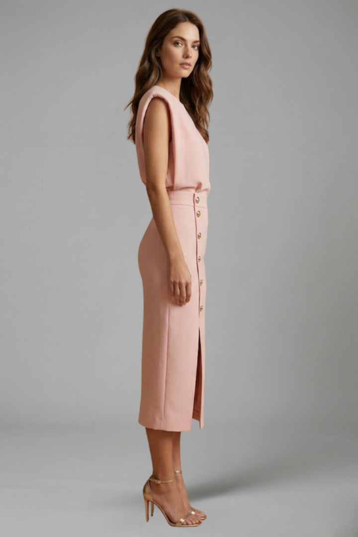 Women's Wedding Guest Elegant Midi Dress with Gold Button Front