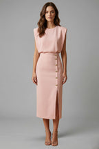 Women's Wedding Guest Elegant Midi Dress with Gold Button Front